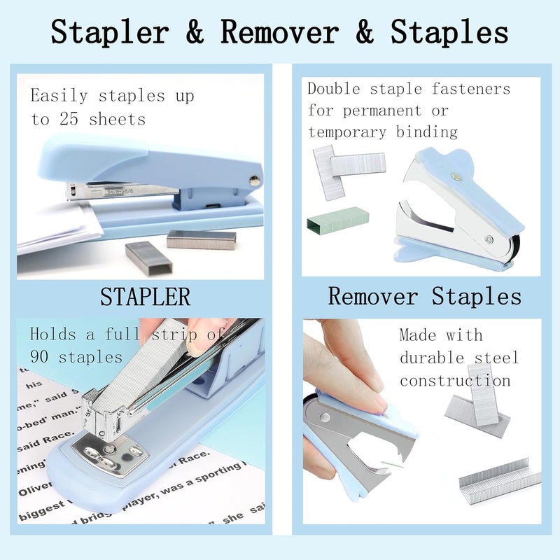 Scindaly Blue Office Desk Accessories Supplies, 10pcs Desk Organizers and Accessories with Tape Dispenser and Stapler,Staples,Scissor,Ruler,Sticky Tabs,Tape,Ballpoint Pen,Clips Set - Image 2